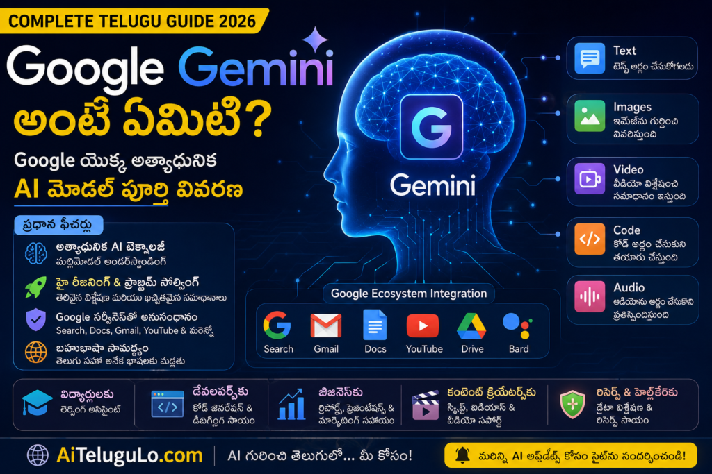 Google Gemini అంటే ఏమిటి Complete Telugu Guide 2026 - AiTeluguLo.com